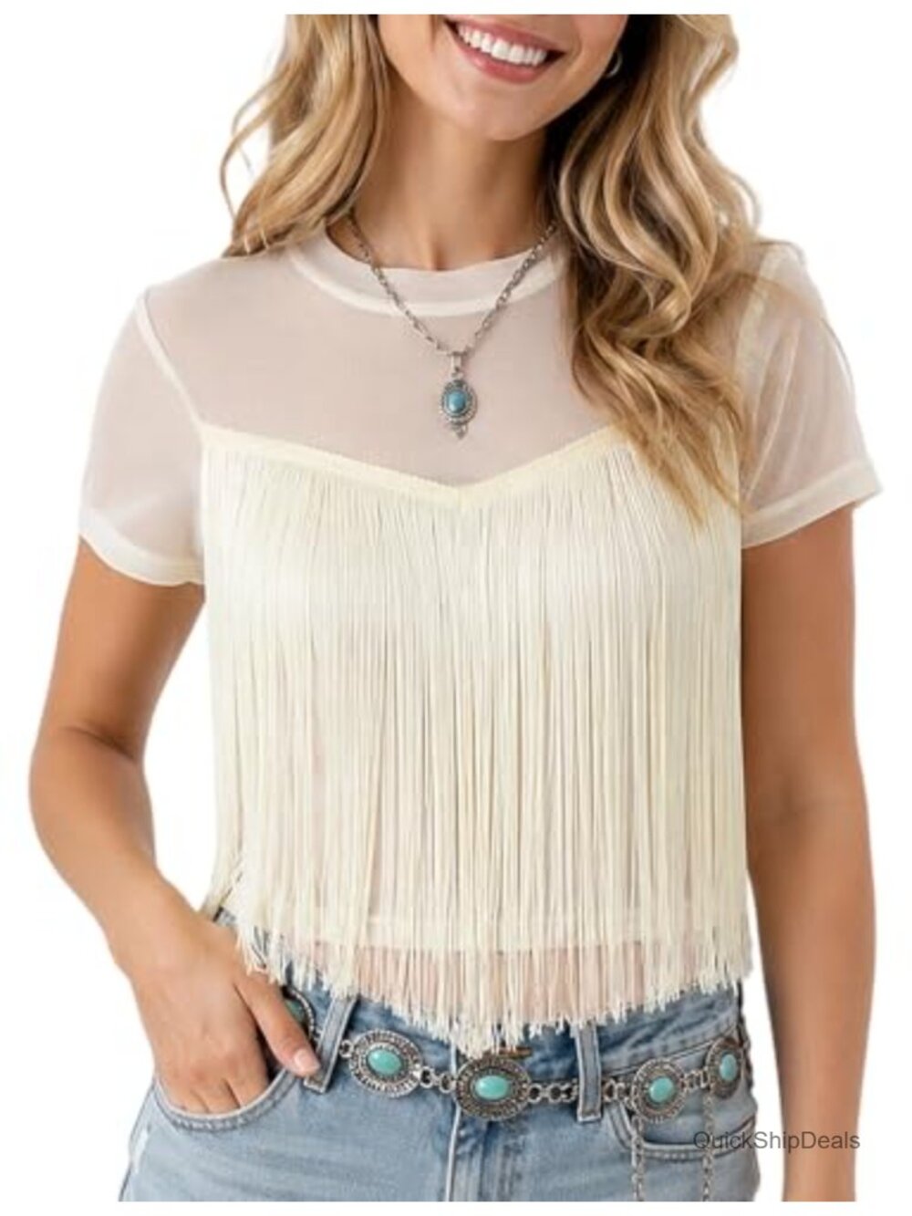 Fringe Mesh Sheer Western Cowgirl Tassel Short Sleeve Blouse